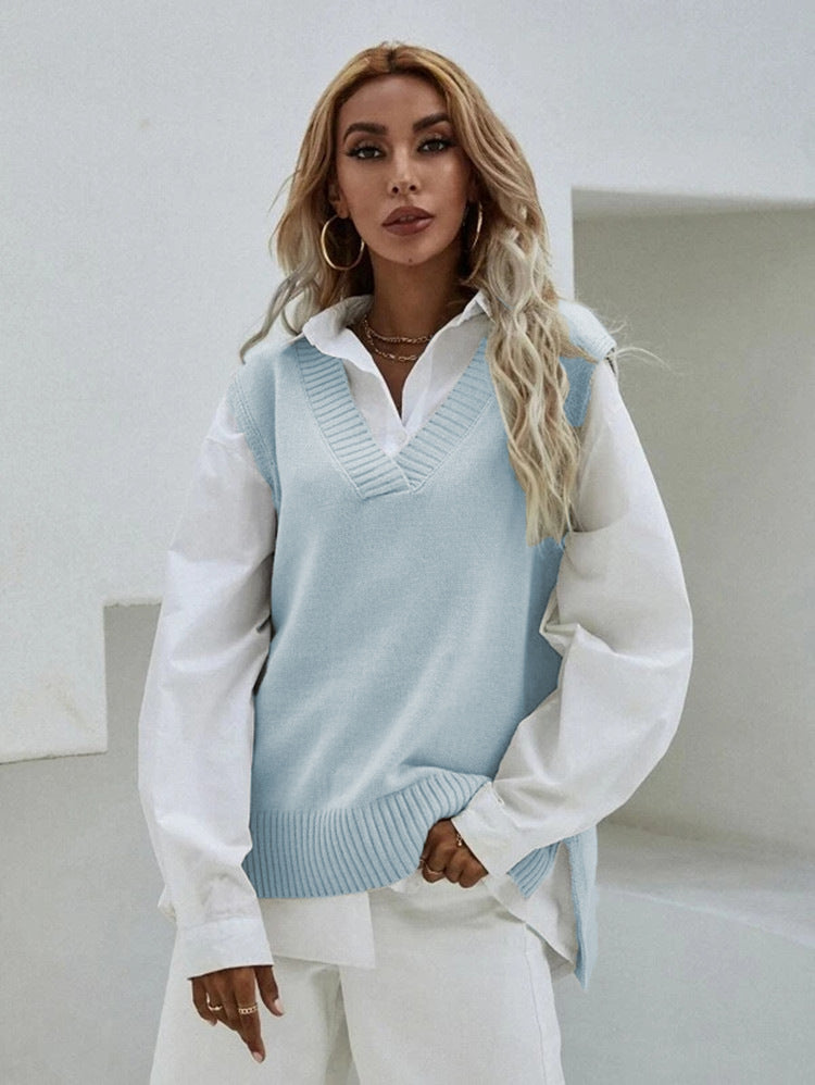 Street-wave Womens VNeck Knit Vest With Elegant Ribbed Texture For Everyday Style