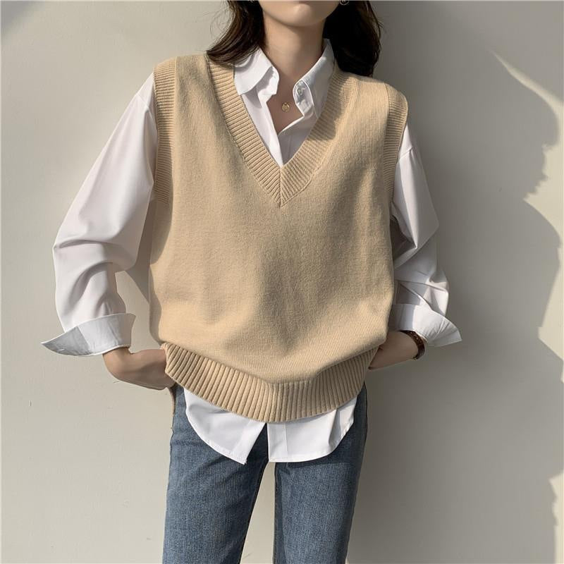 Street-wave Womens Chic Sleeveless Knit Vest With V Neck And Ribbed Details Soft Cotton Blend