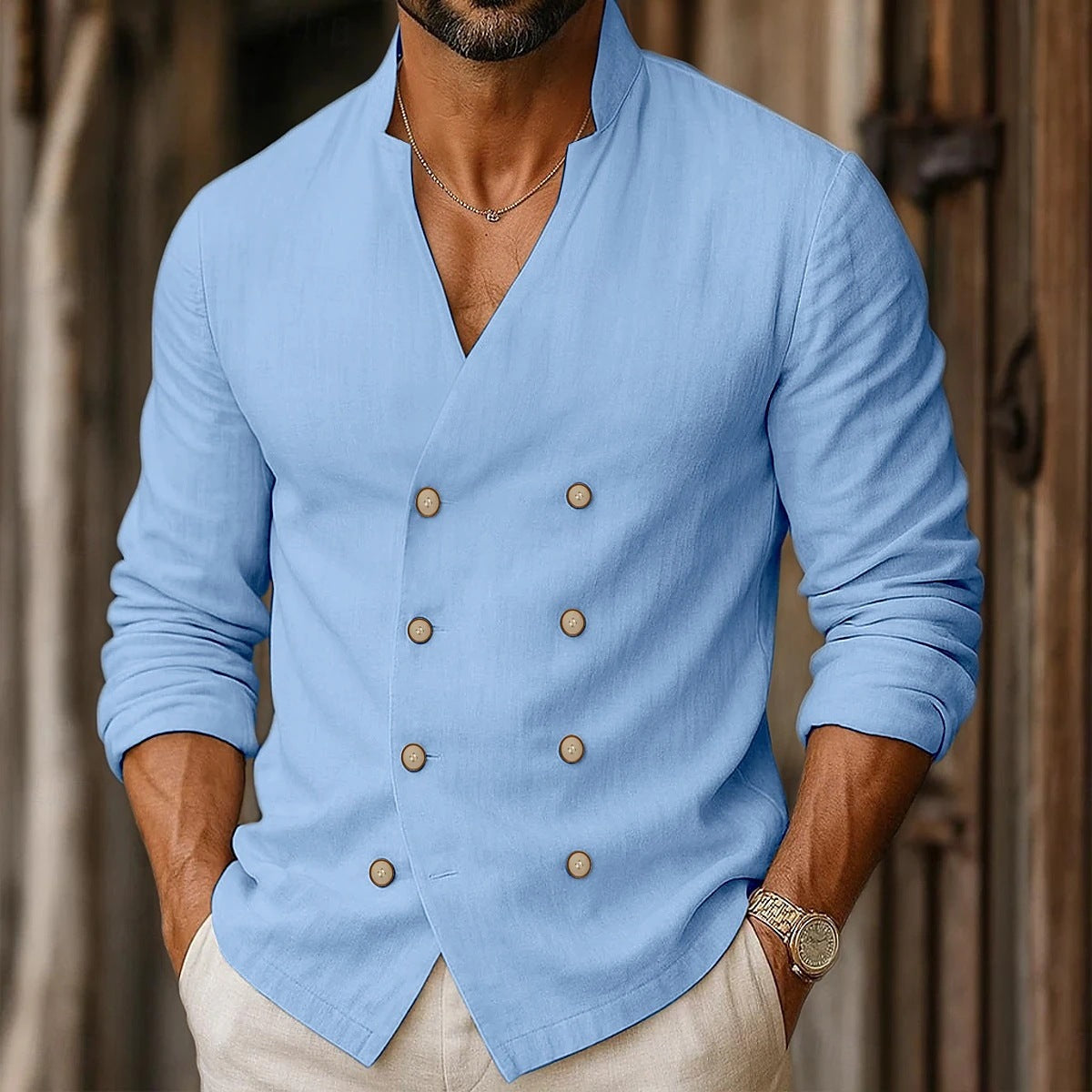 Street-Wave Men's Double Button Placket Shirt For Fashion-Forward Gentlemen With Modern Comfort And Style