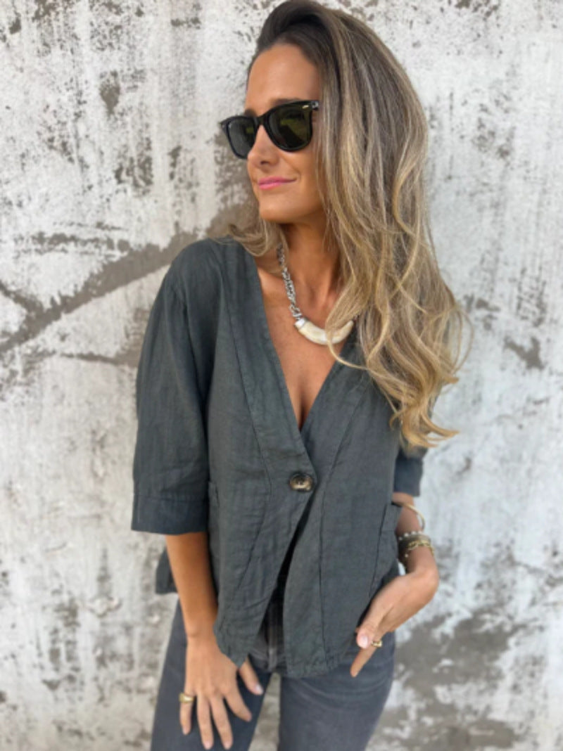 Street-Wave Light Linen Blazer For Women With Short Sleeves Breathable And Versatile Office To Weekend