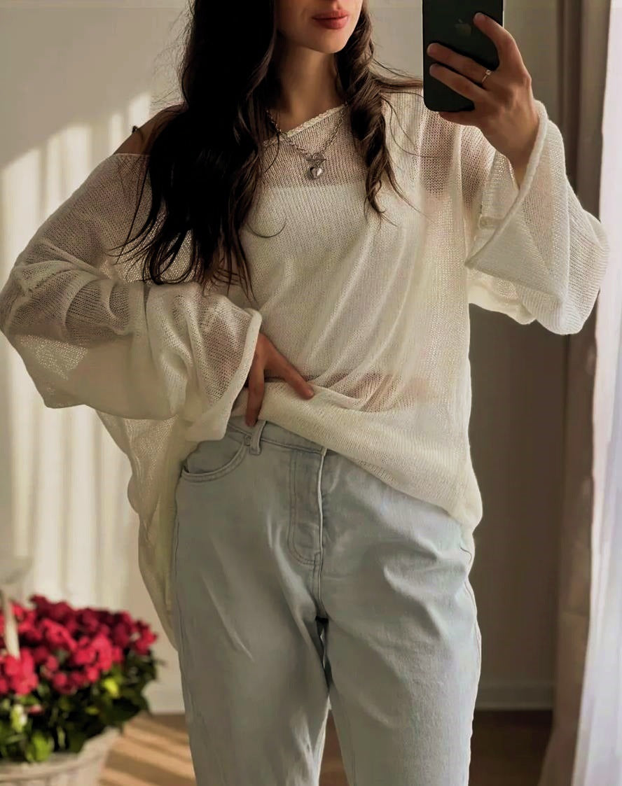 Street-wave Women Oversized Knit Sweater With Sheer Mesh Airy Wide Cut Pullover For Effortless Casual Looks