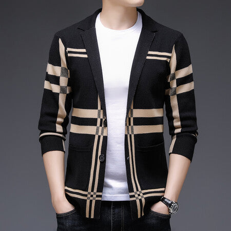 Street-wave Men's Knit Cardigan With Elegant Plaid Pattern For Modern Comfortable Everyday Wear