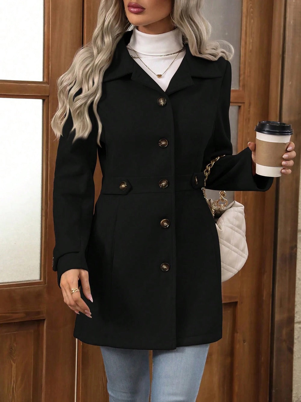 Street-wave Wool Coat For Women Slim Fit Mid Length With Front Buttons And Notched Collar