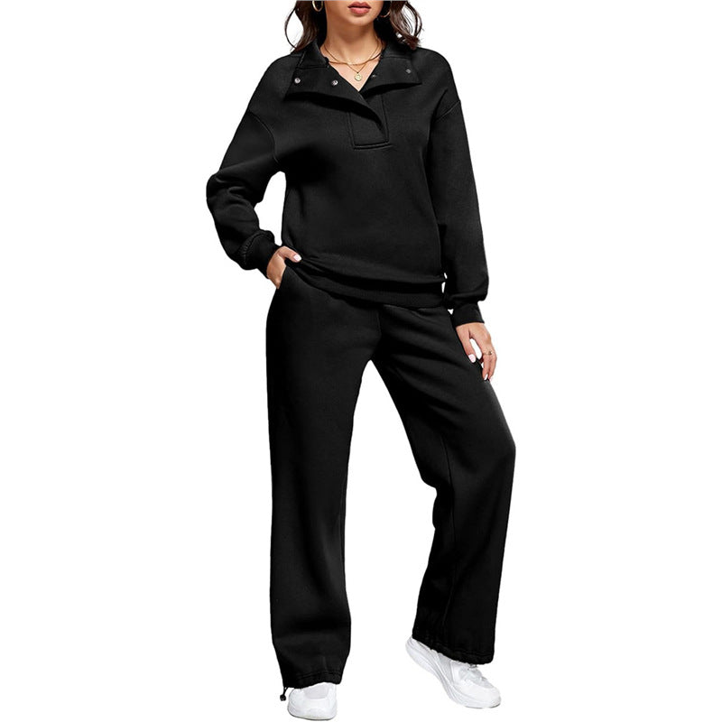 Street-wave Women's Cozy Leisure Set With Stand Collar And Wide Leg Pants For Relaxed Comfort