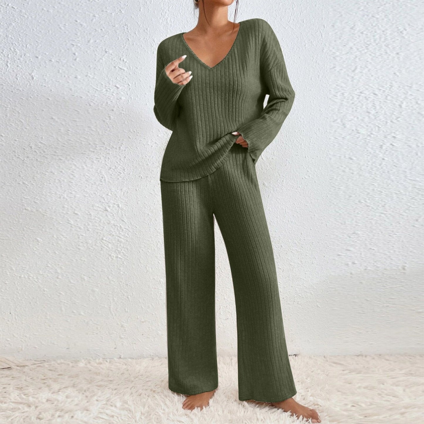 Street-wave Women Knit Loungewear Set Cozy Soft Knit V-Neck Top Wide-Leg Pants Comfortable Effortless Everyday
