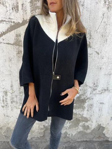 Street-Wave Batwing Sleeve Jacket Zip Front Stand Collar Relaxed Fit For Women Fashionable Everyday Wear