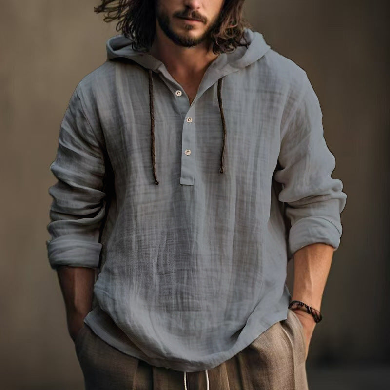 Streetwave Mens Linen Hooded Shirt With Button Placket For Casual Comfort And Breathable Style