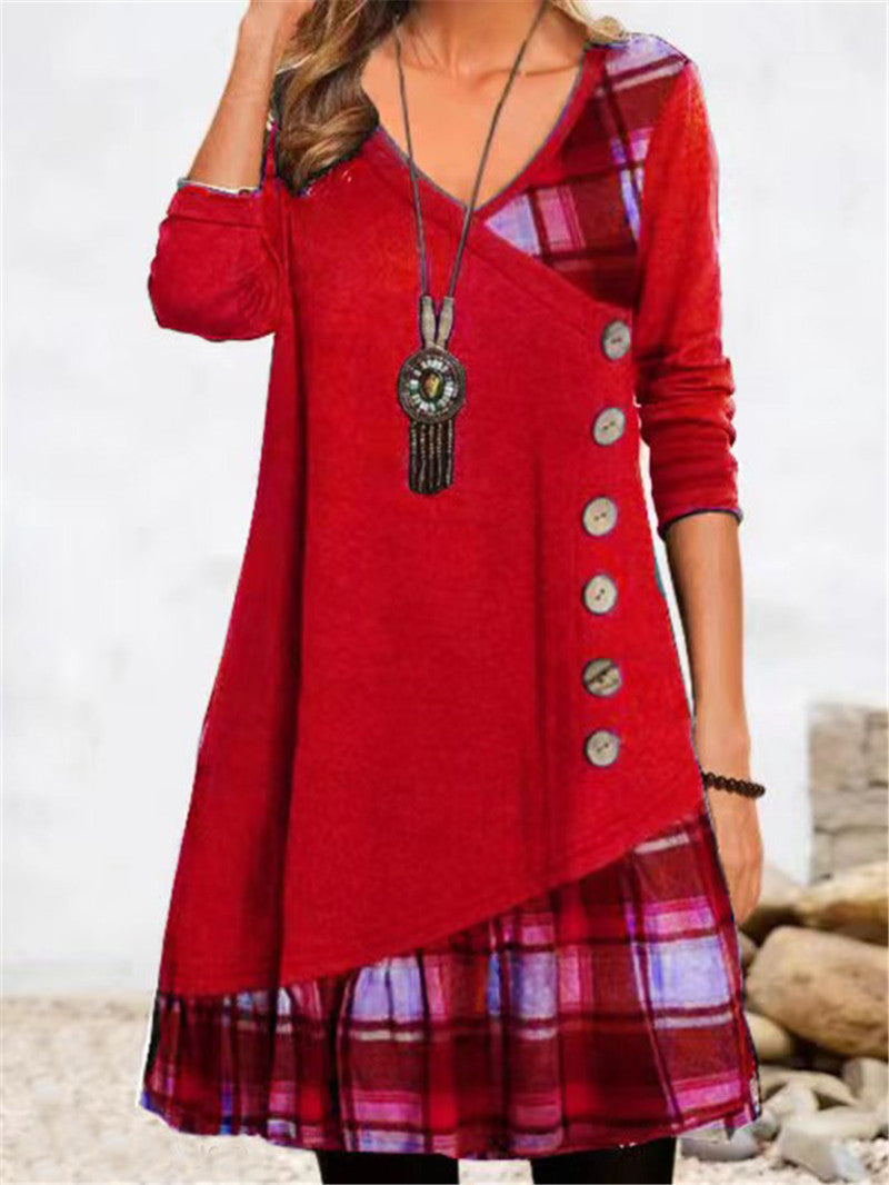Streetwave Womens Asymmetric Casual Dress With Plaid Hem And Button Detail Perfect For Everyday Casual Wear