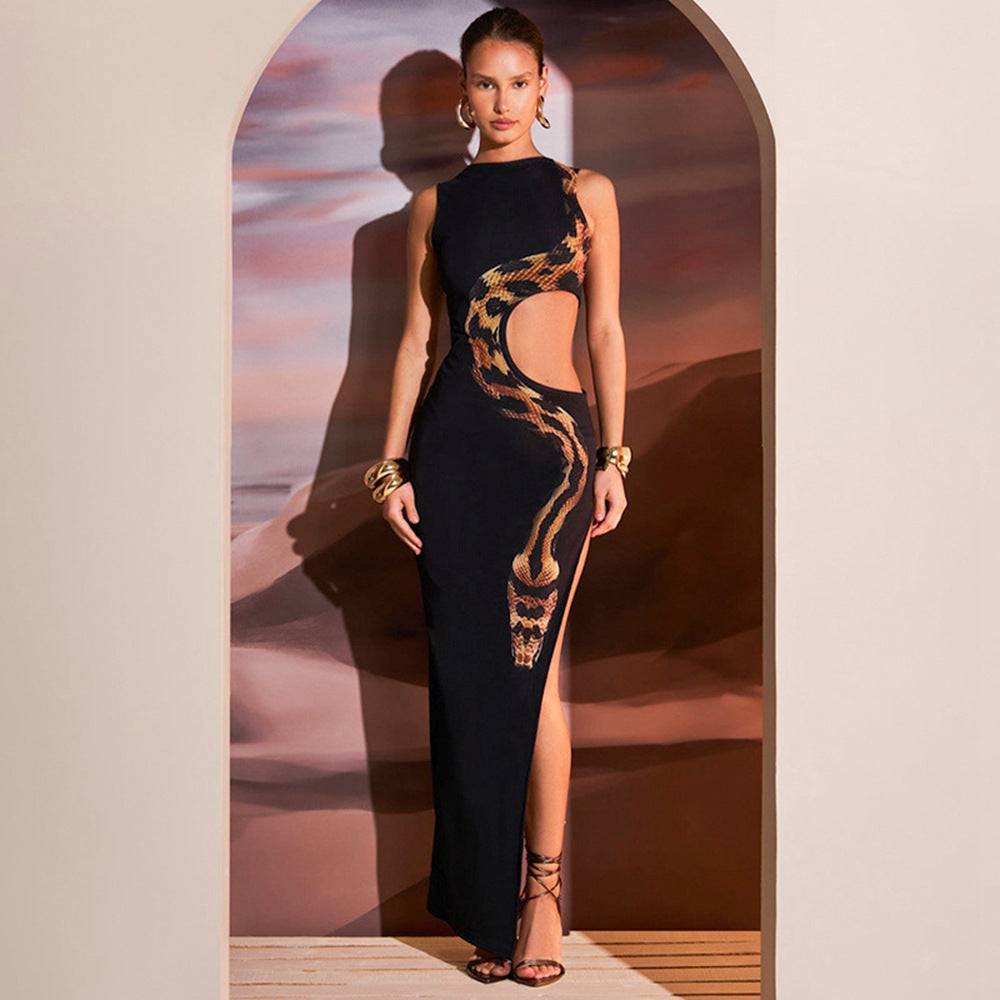 Street Wave Cutout Bodycon Dress With Snake Print Accent For Night Out Women Party Ready