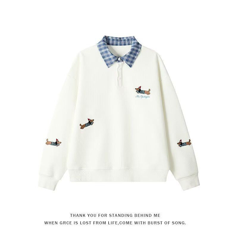 Street-Wave Women's Cozy Plaid Collar Knit Pullover With Animal Motifs - Comfortable Everyday Style
