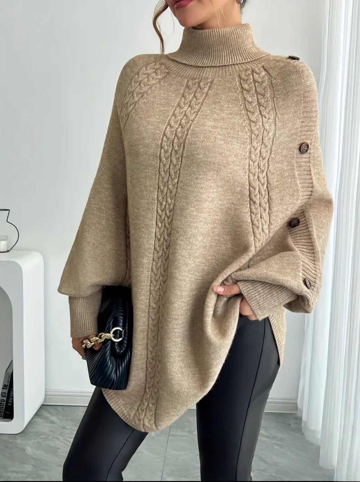Street-Wave Women Cable Knit Poncho With Turtleneck Cozy Warm Oversized Style For Cold Weather