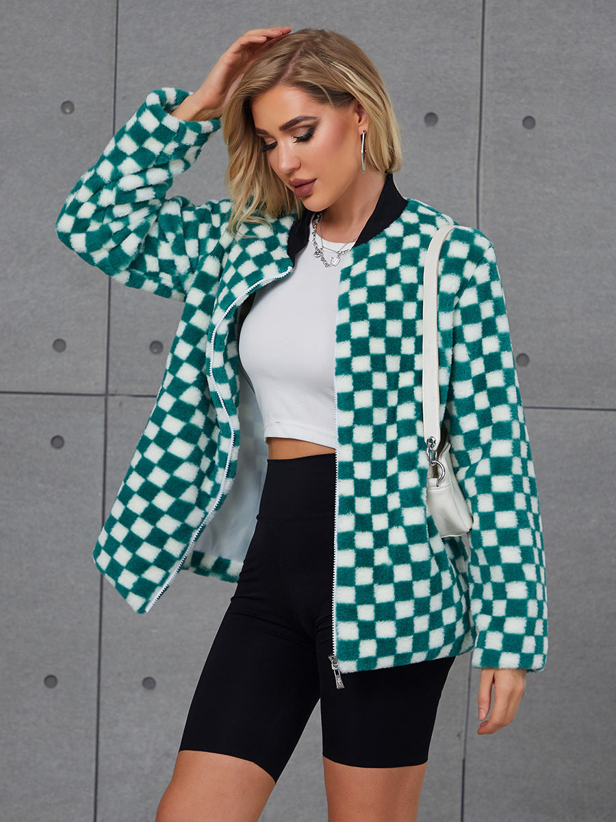 Faux Fur Jacket For Women With Checkerboard Pattern And High Collar By Street Wave Warm Cozy Coat