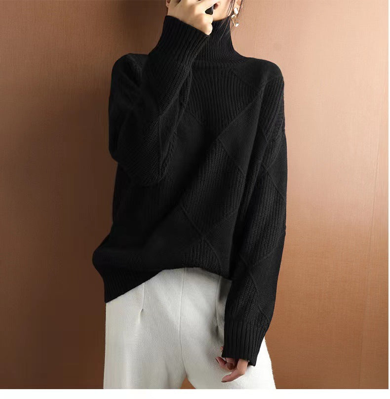 Street Wave Womens Cozy Chunky Knit Sweater With Roll Neck And Textured Diamond Pattern