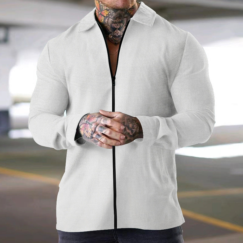 Street-Wave Men's Zip-Up Long Sleeve Shirt With Structured Fabric For Modern, Breathable Comfort