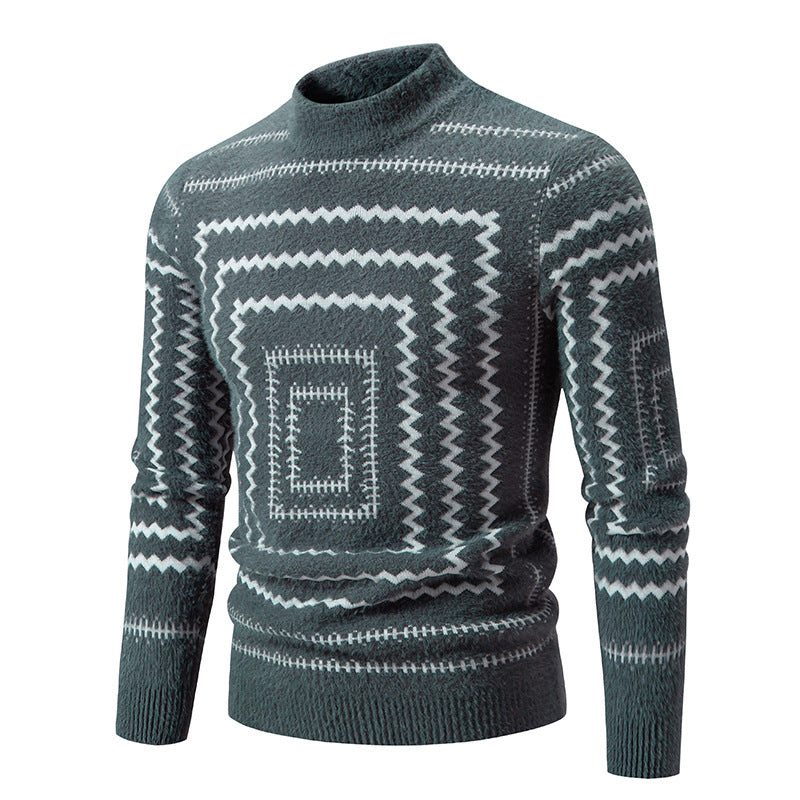 Geometric Pattern Knit Sweater For Women By Street-Wave With High Collar Cozy Wool Pullover