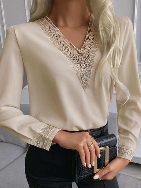 Street-Wave Women Elegant Lace Trim Blouse For Office Wear Timeless Chic Top For Any Occasion