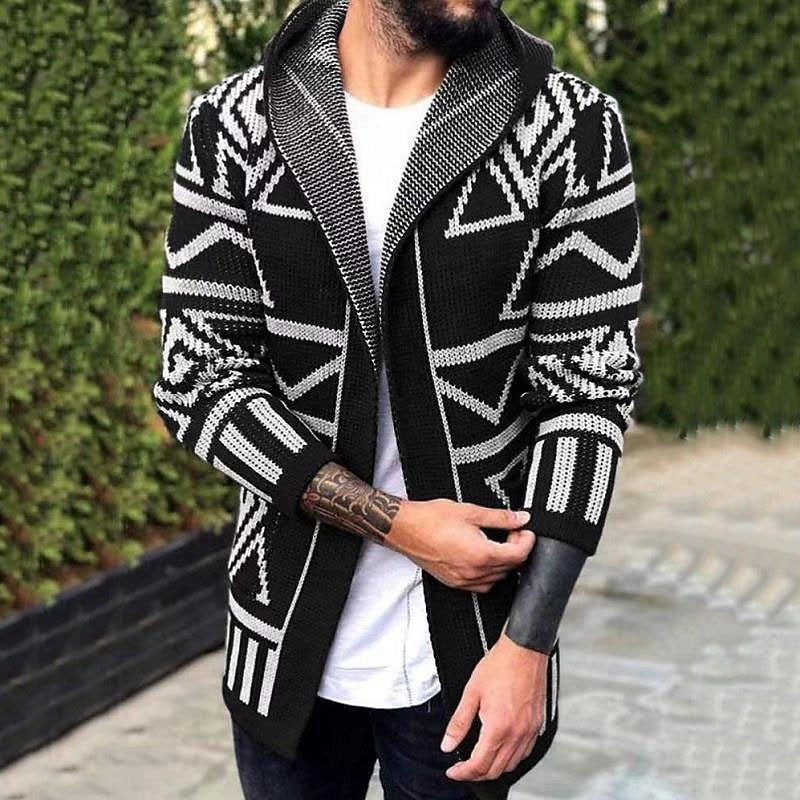 Street-wave Mens Geometric Knit Cardigan With Open Front Hooded Design For Modern Casual Wear