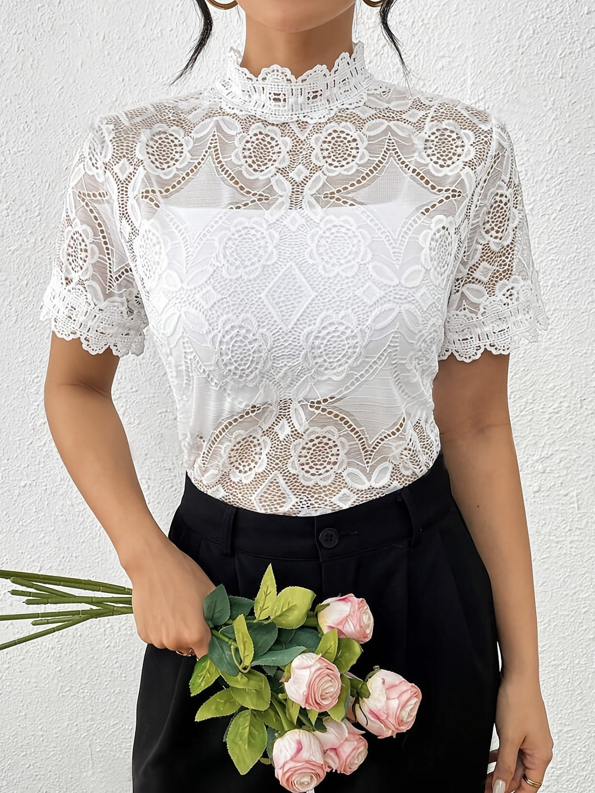 Street Wave Womens Lace Top With Stand Collar And Romantic Details For Elegant Everyday Wear