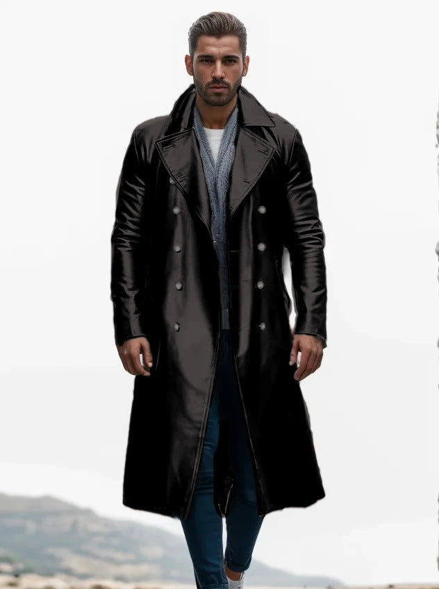 Streetwave Mens Glossy Long Coat Double Breasted Front Premium Winter Style For Fashionable Men