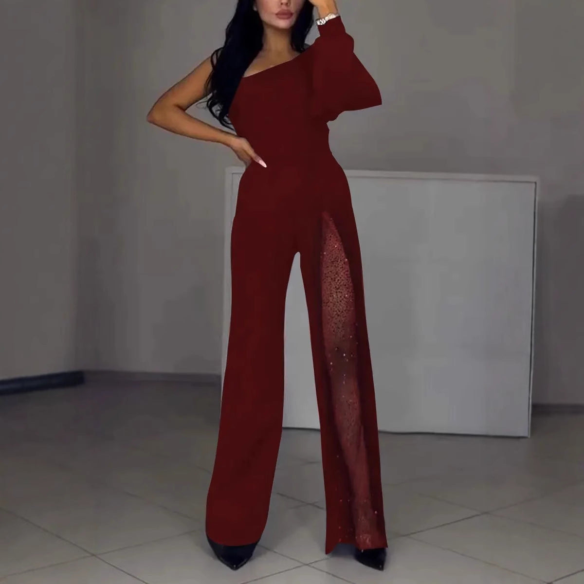 Street Wave One Shoulder Jumpsuit With Sequin Panel For Women, Glamorous Evening Wear