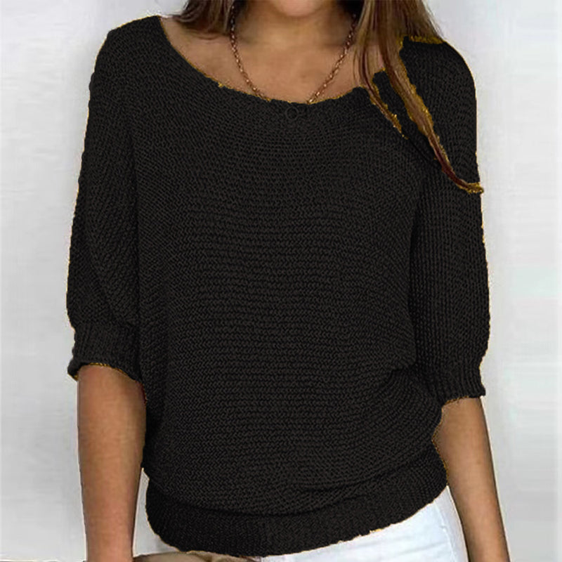 Street-wave Solid Color Knit Pullover for Women with Three-Quarter Sleeves, Cotton-Acrylic Blend