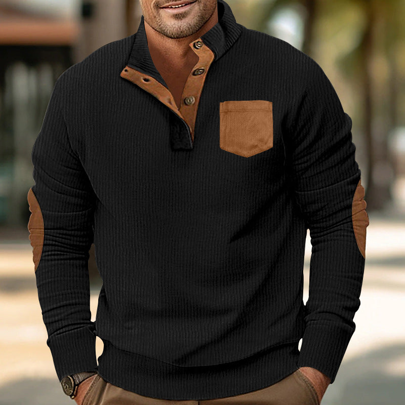 Street-wave Men's Comfortable Stand Collar Pullover With Contrast Pocket Detail And Modern Style