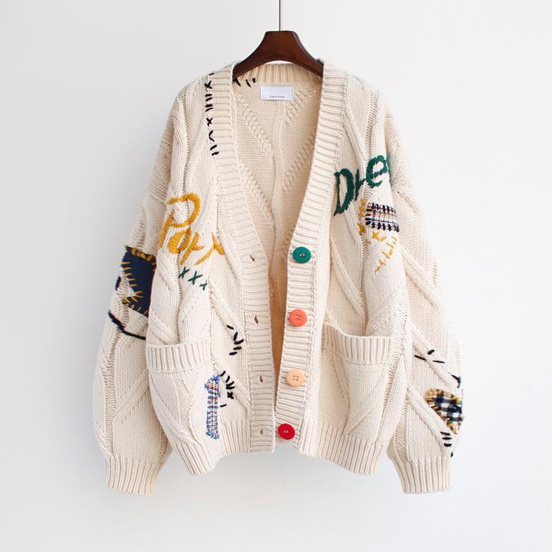Street-Wave Women Oversized Knit Cardigan With Colorful Appliques For Versatile Style