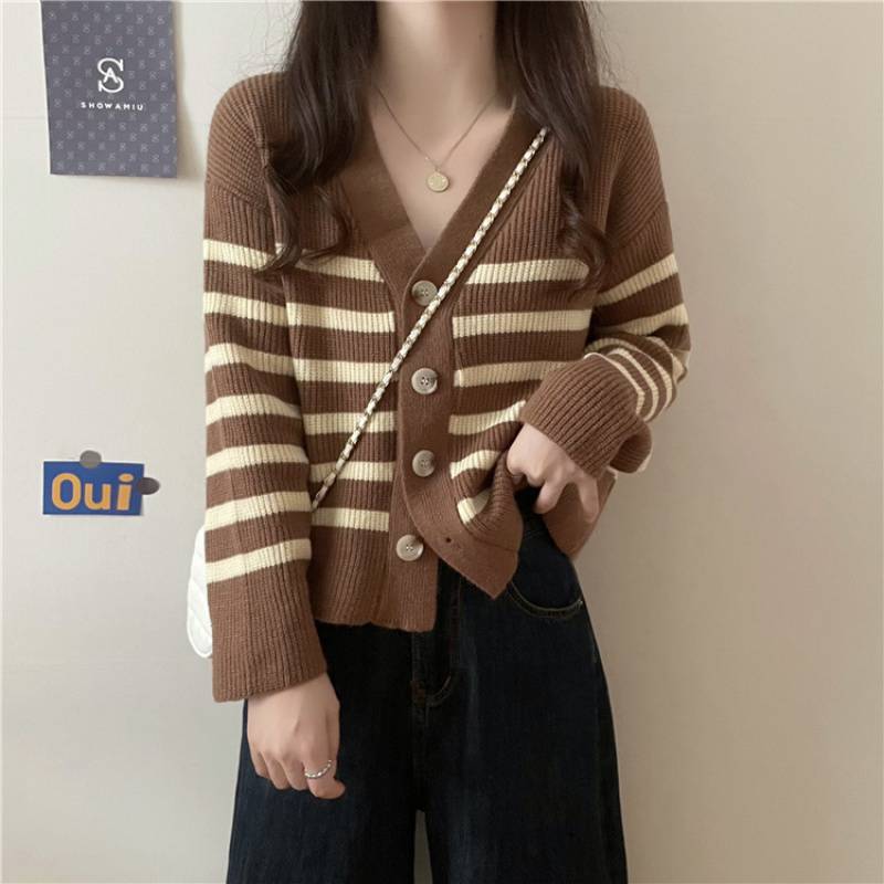 Street-Wave Striped Knit Cardigan For Women With Elegant V-Neck And Decorative Buttons