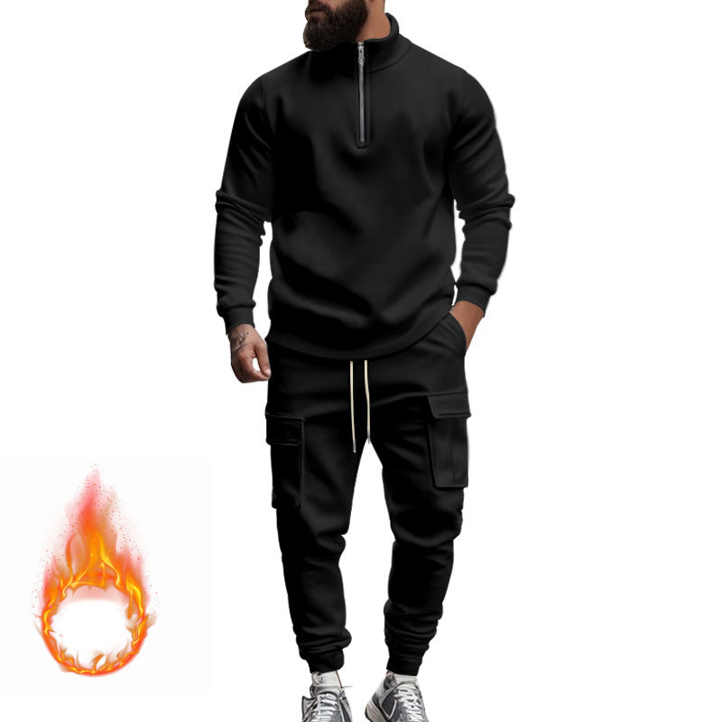 Street-wave Men's Fleece Set With Zip Front Hoodie And Cargo Joggers For Active Comfort
