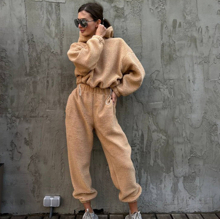 Street Wave Women Fleece Loungewear Set With Oversized Hoodie High Waist Pants