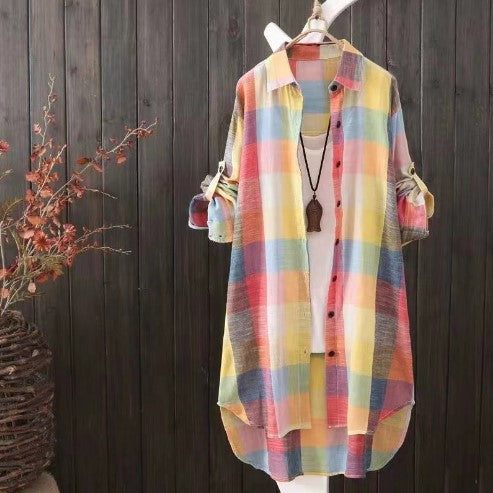 Street-wave Women's Oversized Plaid Shirt Breathable Cotton With Rolled Sleeves Casual Chic