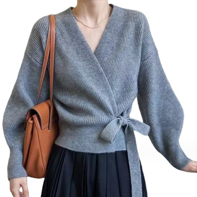 Street-wave Womens Wrap Knit Cardigan With Wide Sleeves And Tie Waist Soft Wool Warmth