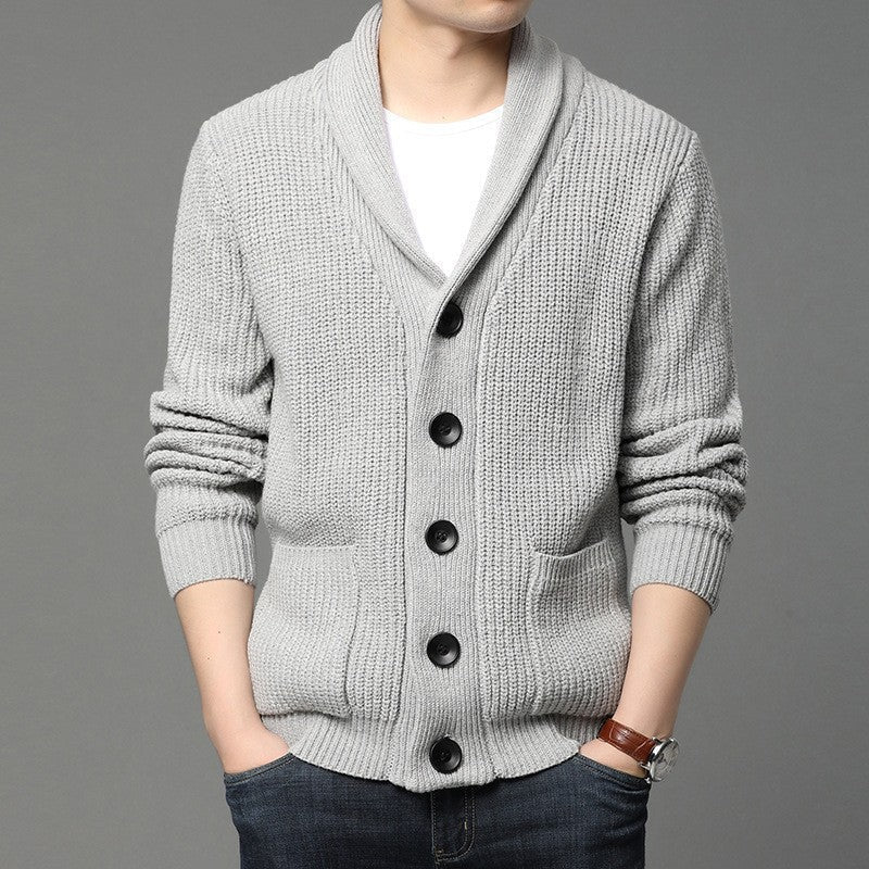 Street-wave Men's Shawl Collar Cardigan With Soft Breathable Knit And Practical Pockets For Everyday Style