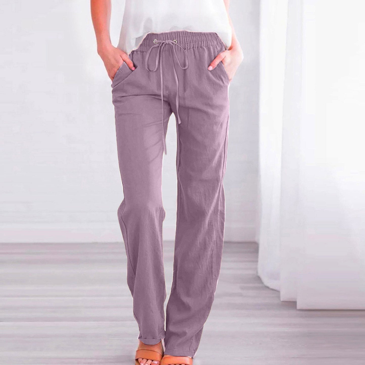 Streetwave Women's Linen Pants With Elastic Waistband And Pockets For All Day Comfort