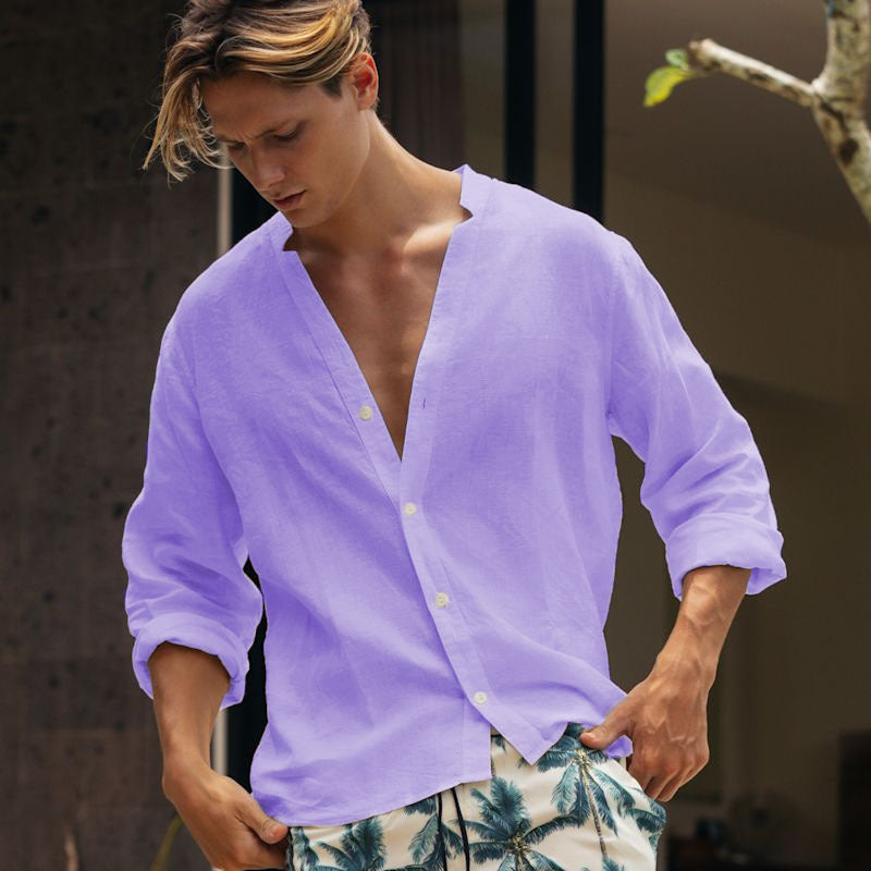 Street-Wave Men's Casual Linen Shirt With Full Button Front Breathable Summer Essential