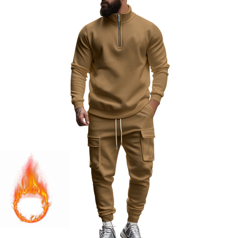 Street-wave Men's Fleece Set With Zip Front Hoodie And Cargo Joggers For Active Comfort