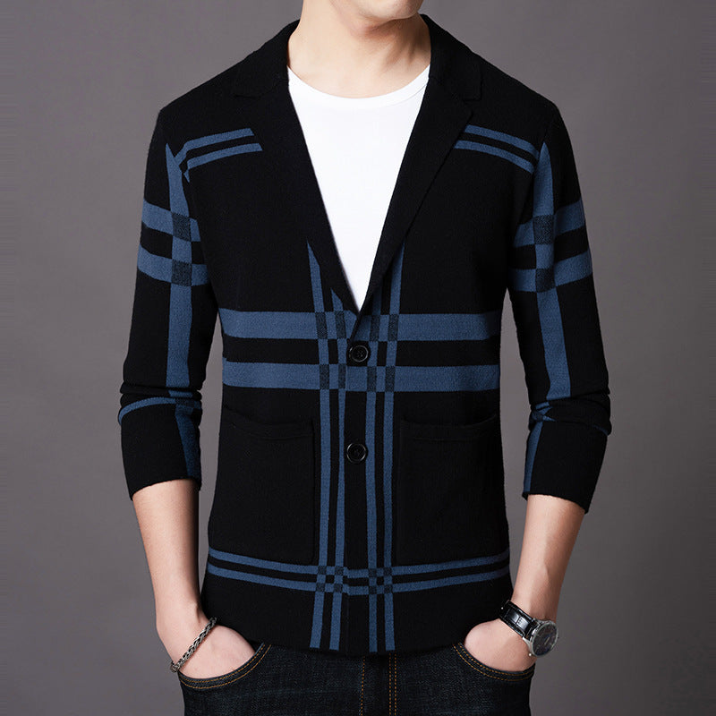 Street-wave Mens Elegant Knit Blazer With Modern Plaid Pattern For Formal And Casual Wear Soft Breathable