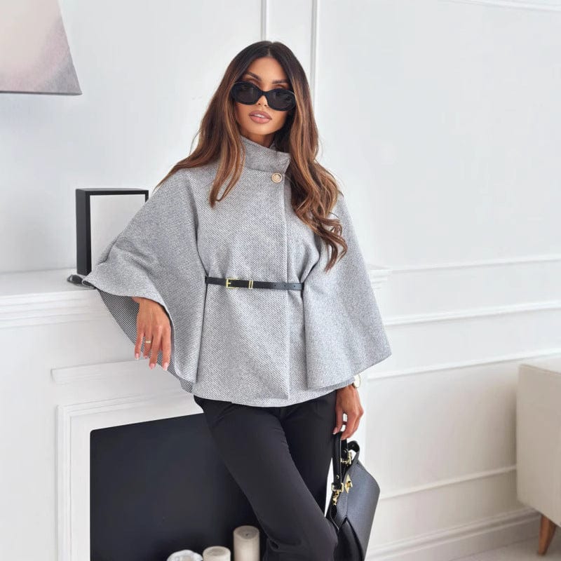Street Wave Wool Cape With Stand Collar Belted Asymmetric Design For Chic Women Wardrobe Essential