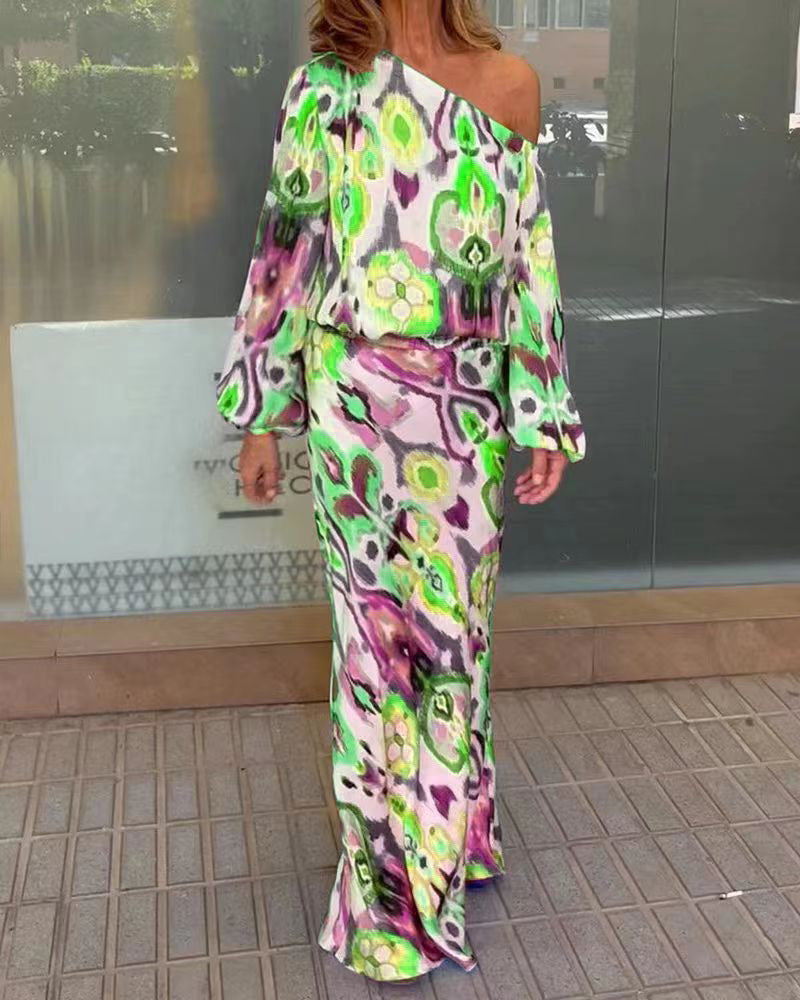 Street Wave Graphic Batik Maxi Dress Off Shoulder With Puffy Sleeves For Women Elegant Occasion