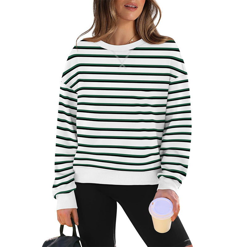 Street-Wave Women's Casual Striped Sweatshirt With Crew Neck, Soft Cotton Blend For Everyday Comfort