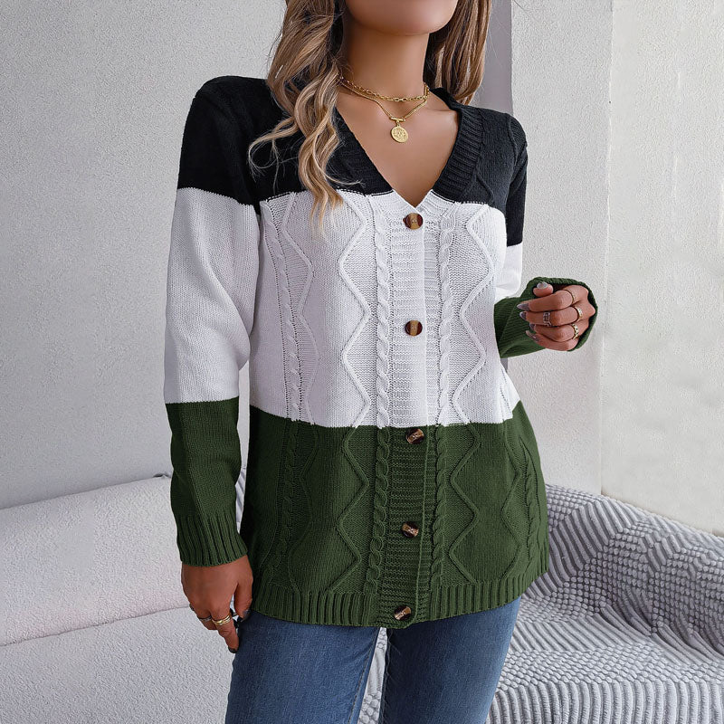 Street-wave Colorblock Knit Cardigan For Women With Cotton Acrylic Blend, Button Front, Cozy Chic