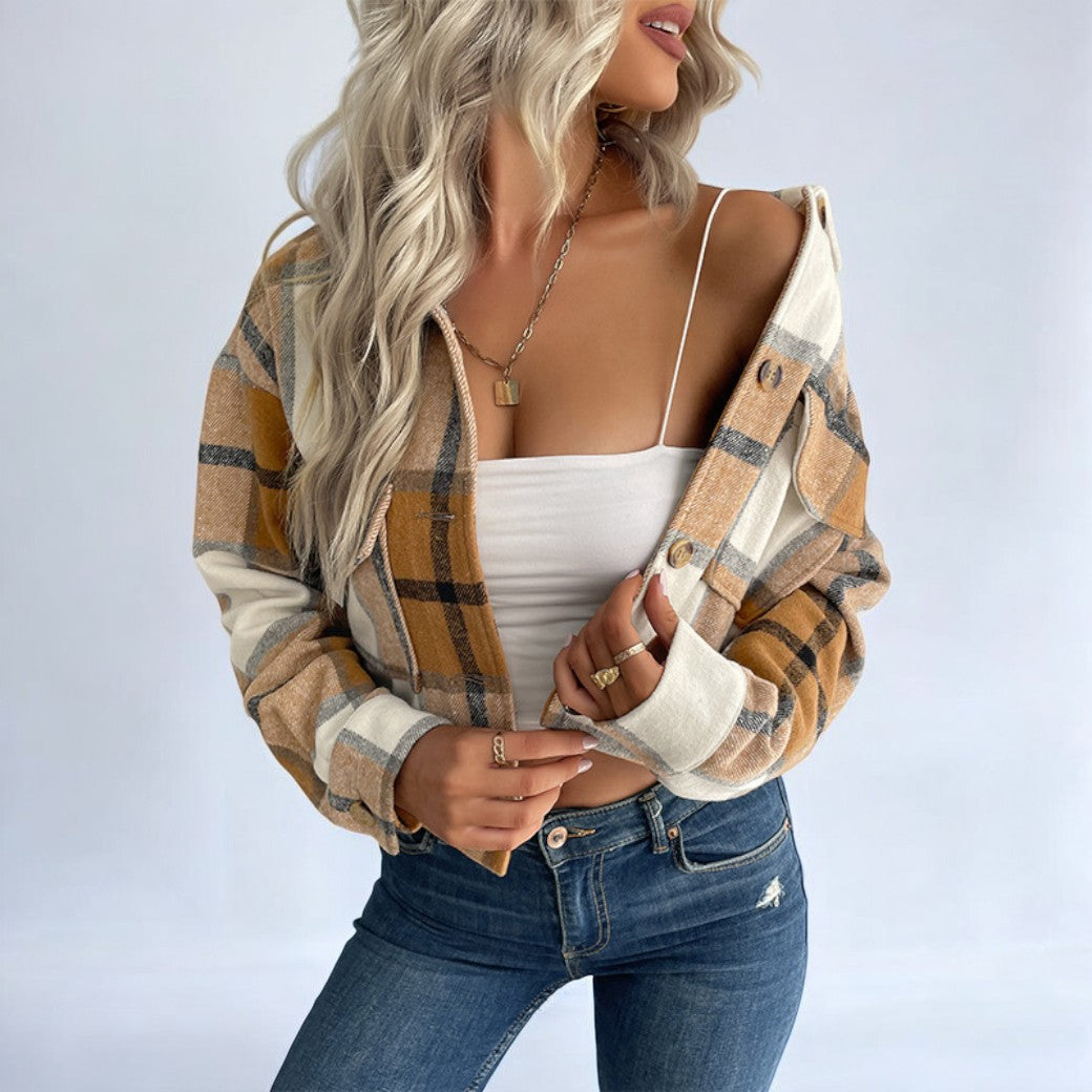 Street-wave Plaid Jacket For Women Cozy Durable Shacket With Button Front And Pocket Detail