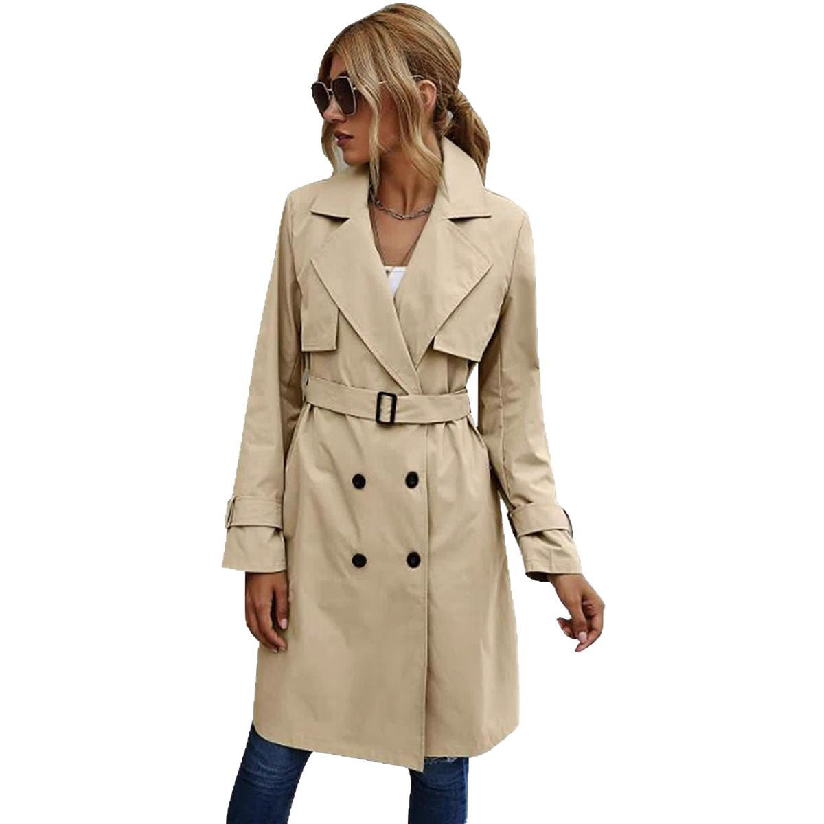 Street Wave Womens Elegant Trench Coat Double Breasted Button Placket Chic Collar For Timeless Style