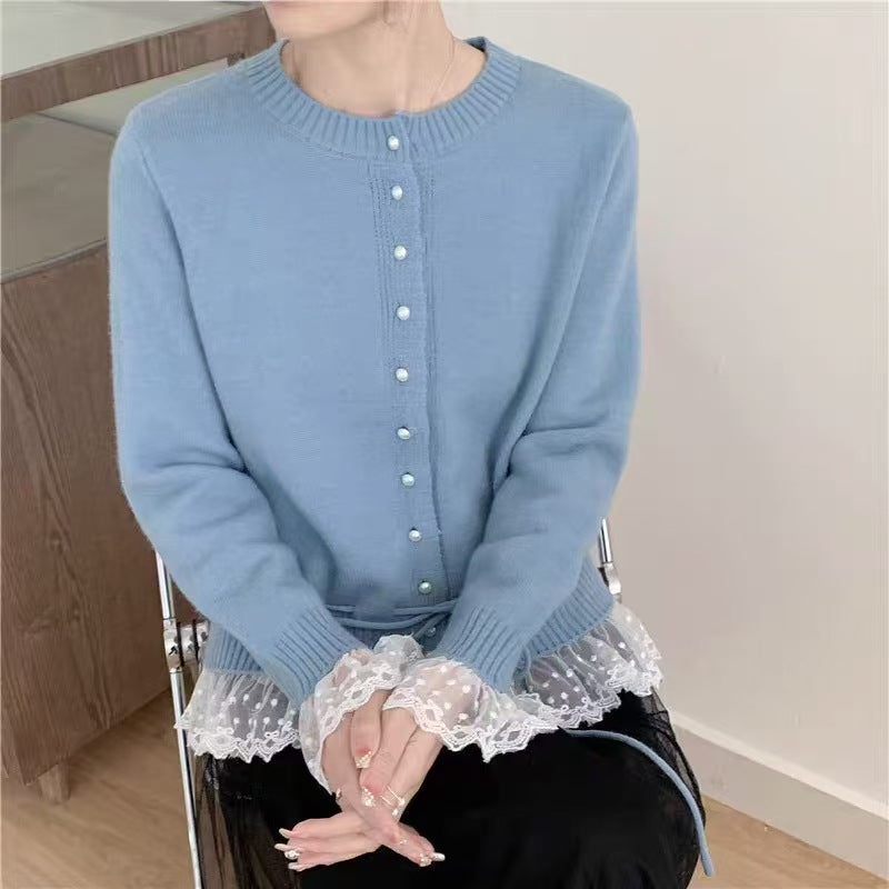 Street-Wave Women's Knit Cardigan With Ruffle Hem And Pearl Buttons, Elegant Chic Layer For Women