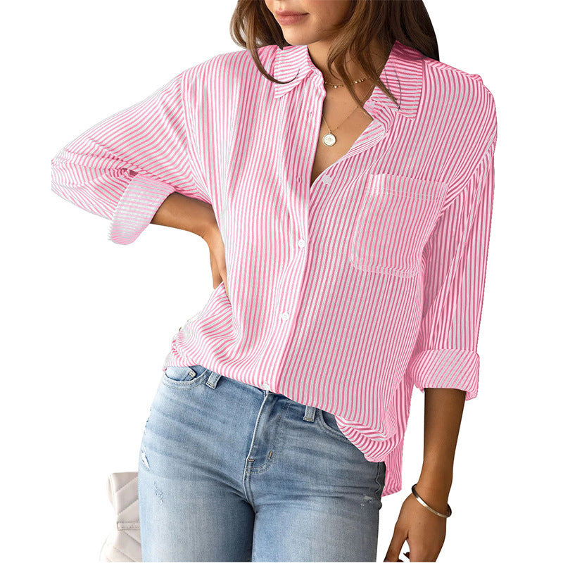 Street-Wave Womens Striped Button Down Blouse With Chest Pocket Breathable Everyday Shirt