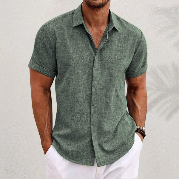 Street-Wave Mens Button Closure Short Sleeve Shirt Breathable Cotton Linen Blend Casual Fit