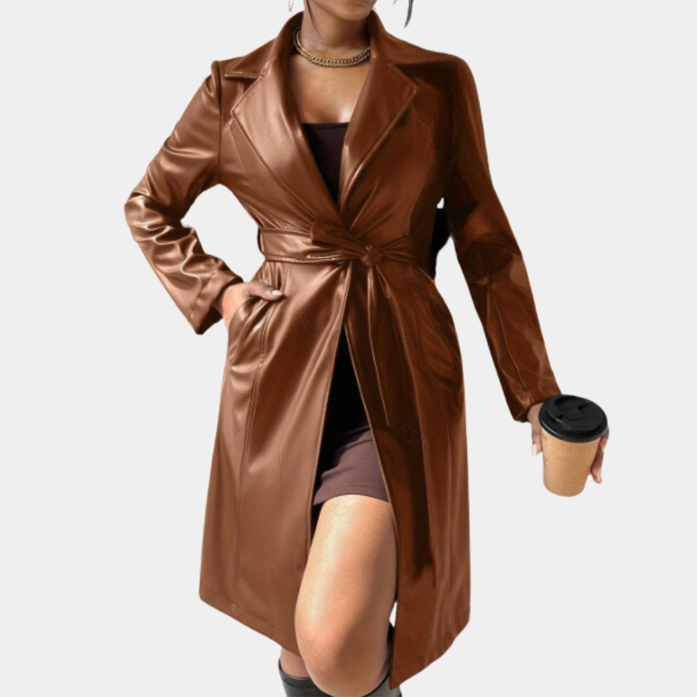 Street Wave Leather Look Long Coat For Women Belted Elegant Cozy Chic Fall Outerwear