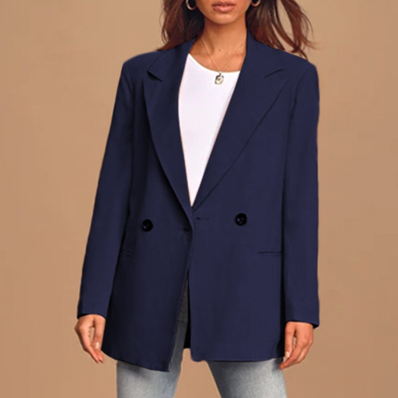Street-Wave Women's Oversized Double-Breasted Blazer, Classic Lapels, Buttonfront, Versatile For Formal Or Casual