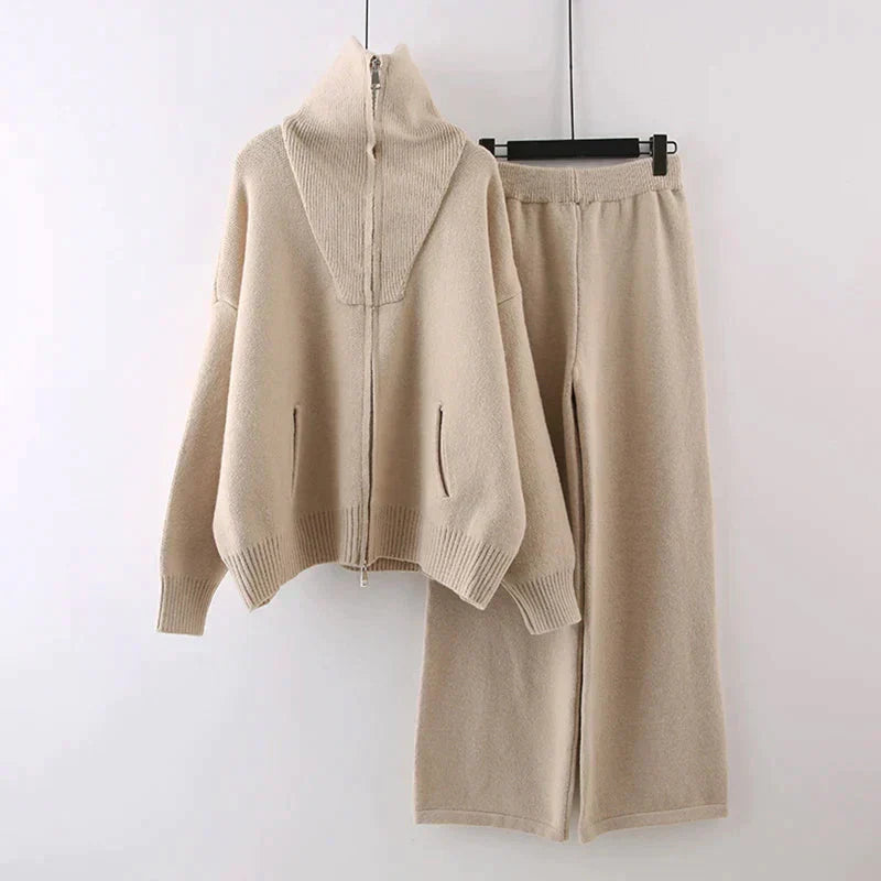 Street-wave Men's Knit Winter Set With Zip Jacket And Cozy Wide-Leg Pants For Urban Style
