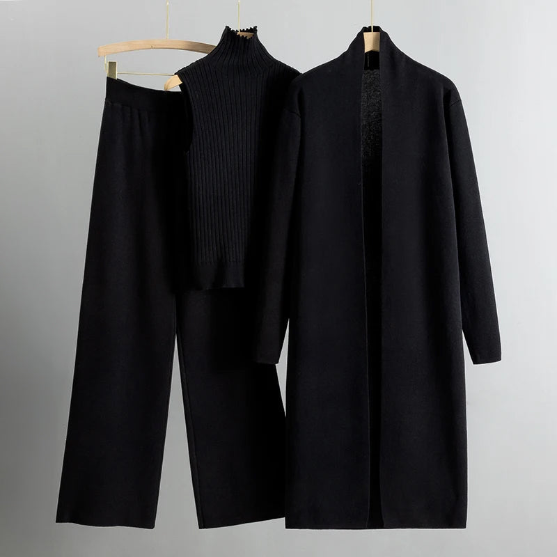 Street Wave Elegant Women Three Piece Coat Set With Long Open Coat Sleeveless Collar Top And Straight Pants